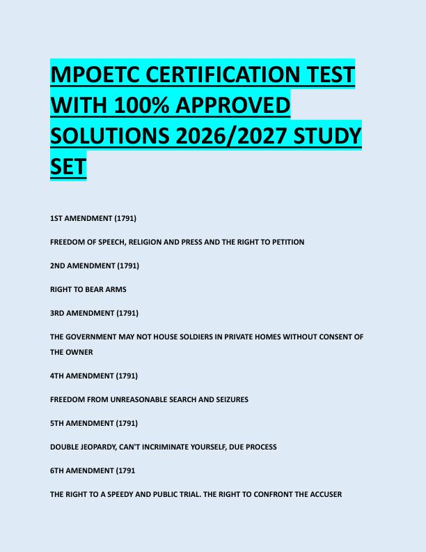 MPOETC CERTIFICATION TEST  WITH 100% APPROVED  SOLUTIONS 2026/2027 STUDY  SET 