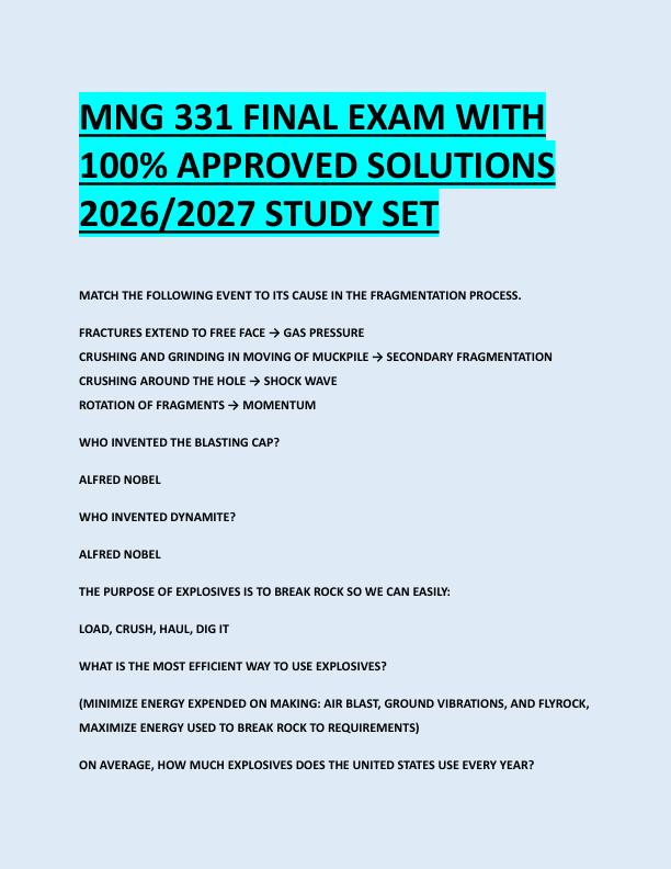 MNG 331 FINAL EXAM WITH  100% APPROVED SOLUTIONS  2026/2027 STUDY SET 