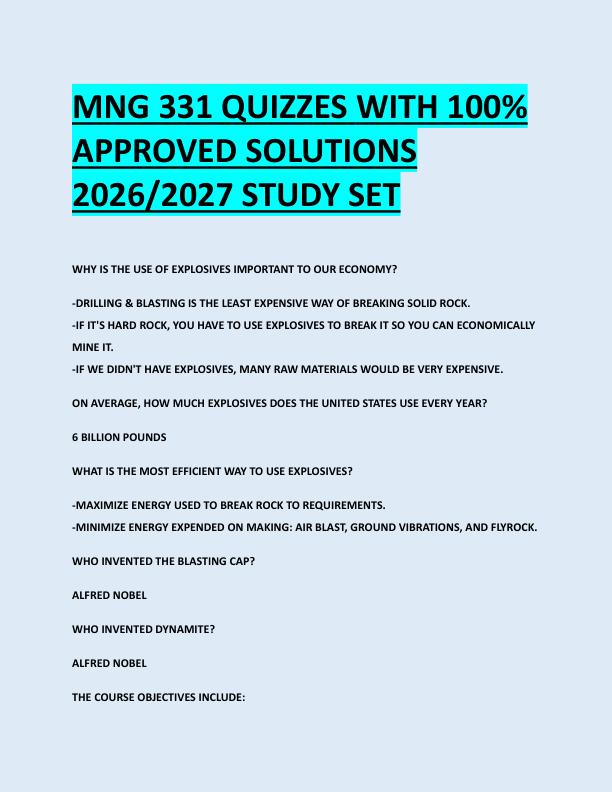 MNG 331 QUIZZES WITH 100%  APPROVED SOLUTIONS  2026/2027 STUDY SET 