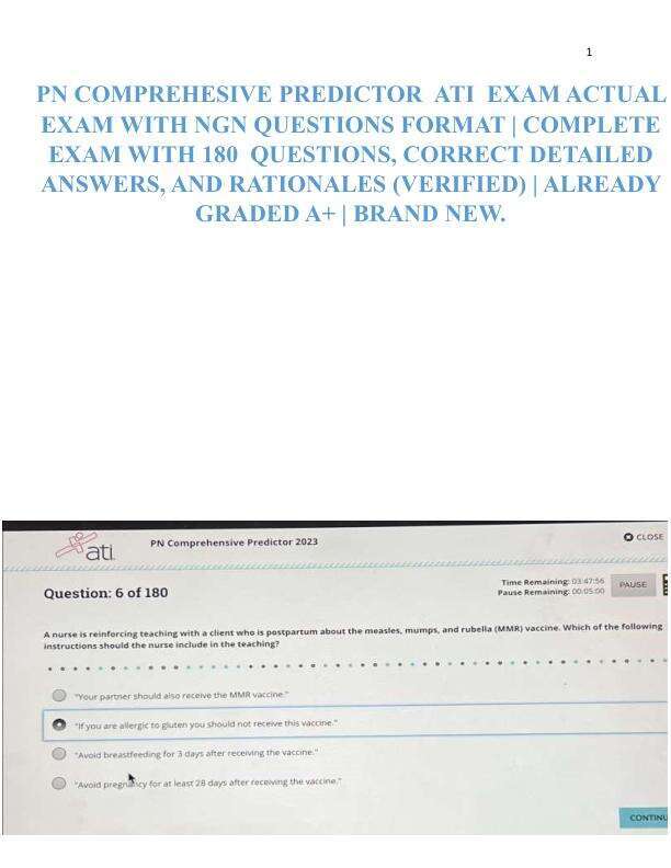 PN COMPREHESIVE PREDICTOR  ATI  EXAM ACTUAL EXAM WITH NGN QUESTIONS FORMAT | COMPLETE EXAM WITH 180  QUESTIONS, CORRECT DETAILED ANSWERS, AND RATIONALES (VERIFIED) | ALREADY GRADED A+ | BRAND NEW.