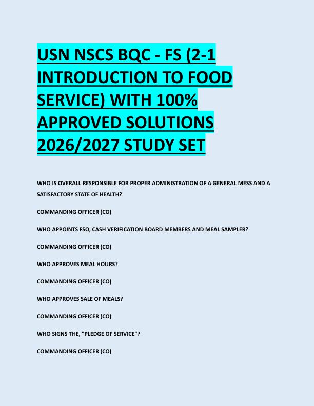 USN NSCS BQC - FS (2-1  INTRODUCTION TO FOOD  SERVICE) WITH 100%  APPROVED SOLUTIONS  2026/2027 STUDY SET