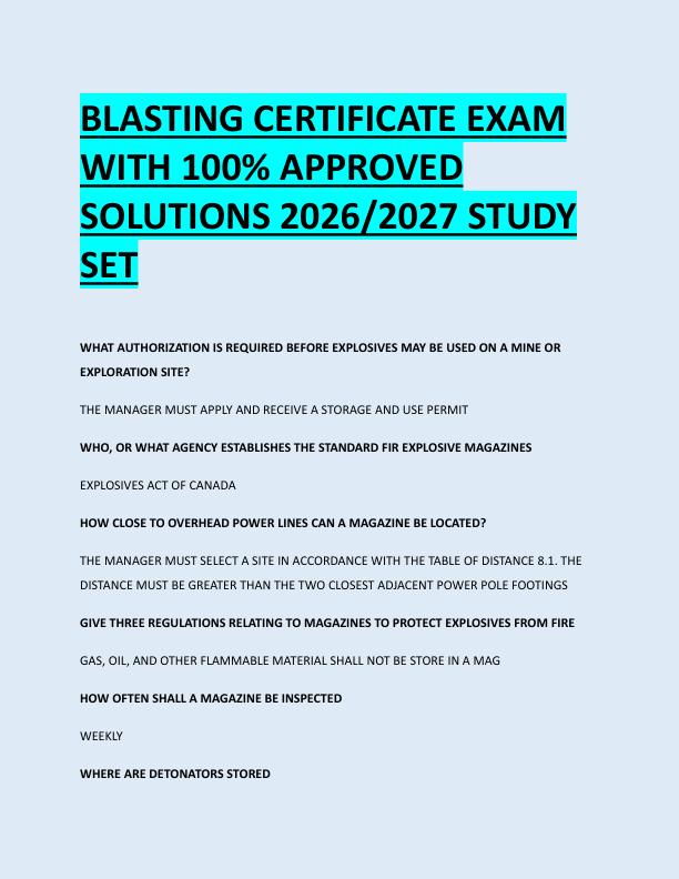 BLASTING CERTIFICATE EXAM  WITH 100% APPROVED  SOLUTIONS 2026/2027 STUDY  SET 