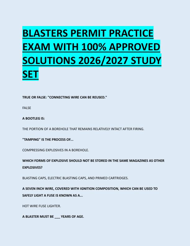 BLASTERS PERMIT PRACTICE  EXAM WITH 100% APPROVED  SOLUTIONS 2026/2027 STUDY  SET 