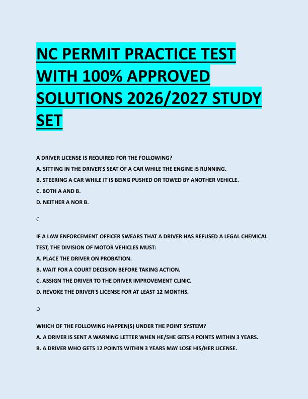NC PERMIT PRACTICE TEST  WITH 100% APPROVED  SOLUTIONS 2026/2027 STUDY  SET 