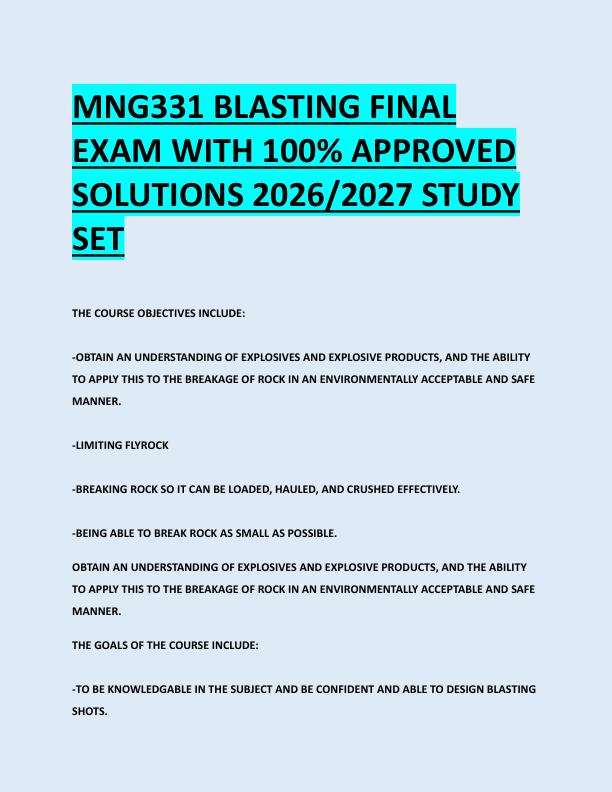 MNG331 BLASTING FINAL  EXAM WITH 100% APPROVED  SOLUTIONS 2026/2027 STUDY  SET 