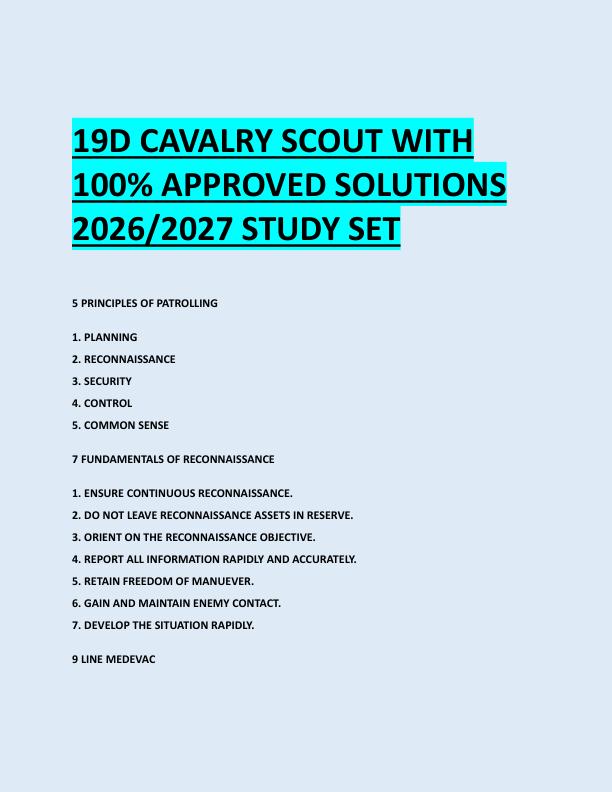 19D CAVALRY SCOUT WITH  100% APPROVED SOLUTIONS  2026/2027 STUDY SET