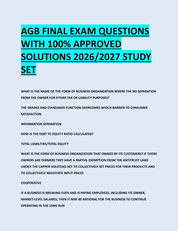 AGB FINAL EXAM QUESTIONS  WITH 100% APPROVED  SOLUTIONS 2026/2027 STUDY  SET 