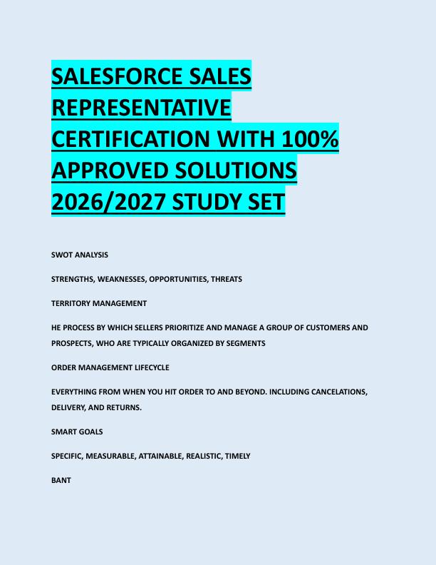 SALESFORCE SALES  REPRESENTATIVE  CERTIFICATION WITH 100%  APPROVED SOLUTIONS  2026/2027 STUDY SET