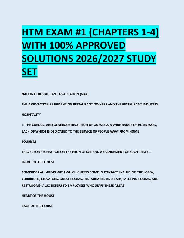 HTM EXAM #1 (CHAPTERS 1-4)  WITH 100% APPROVED  SOLUTIONS 2026/2027 STUDY  SET 