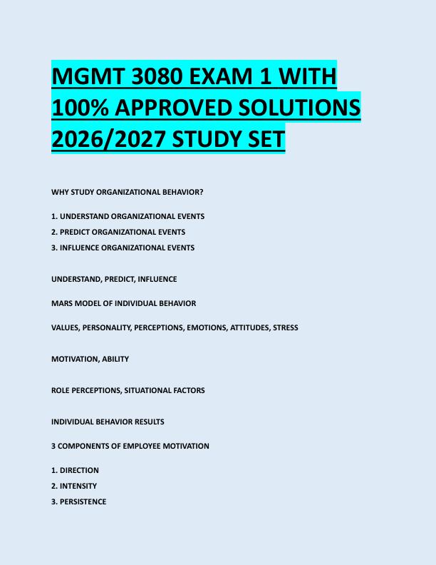 MGMT 3080 EXAM 1 WITH  100% APPROVED SOLUTIONS  2026/2027 STUDY SET 