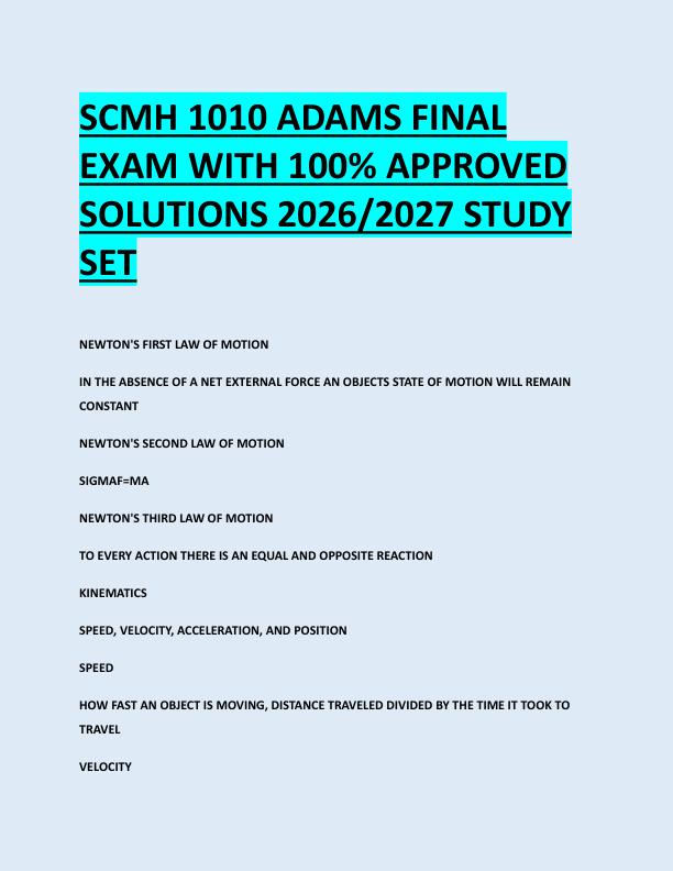 SCMH 1010 ADAMS FINAL  EXAM WITH 100% APPROVED  SOLUTIONS 2026/2027 STUDY  SET 
