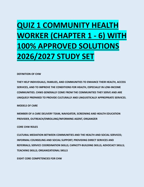 QUIZ 1 COMMUNITY HEALTH  WORKER (CHAPTER 1 - 6) WITH  100% APPROVED SOLUTIONS  2026/2027 STUDY SET 