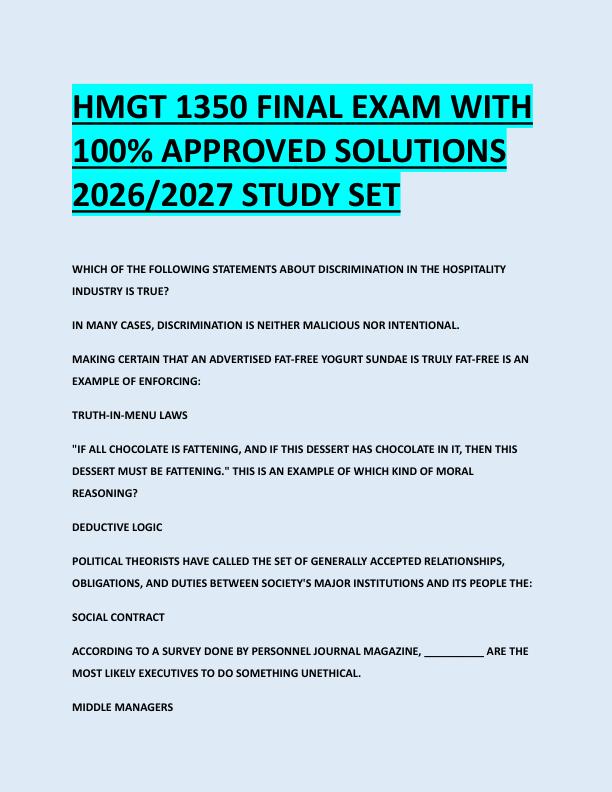 HMGT 1350 FINAL EXAM WITH  100% APPROVED SOLUTIONS  2026/2027 STUDY SET 