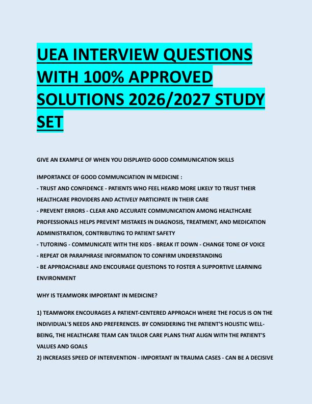 UEA INTERVIEW QUESTIONS  WITH 100% APPROVED  SOLUTIONS 2026/2027 STUDY  SET 