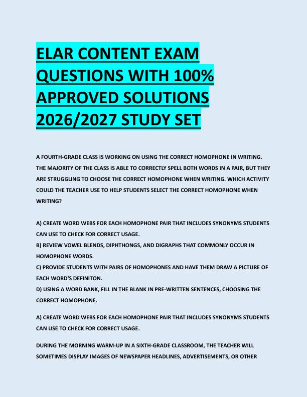 ELAR CONTENT EXAM  QUESTIONS WITH 100%  APPROVED SOLUTIONS  2026/2027 STUDY SET