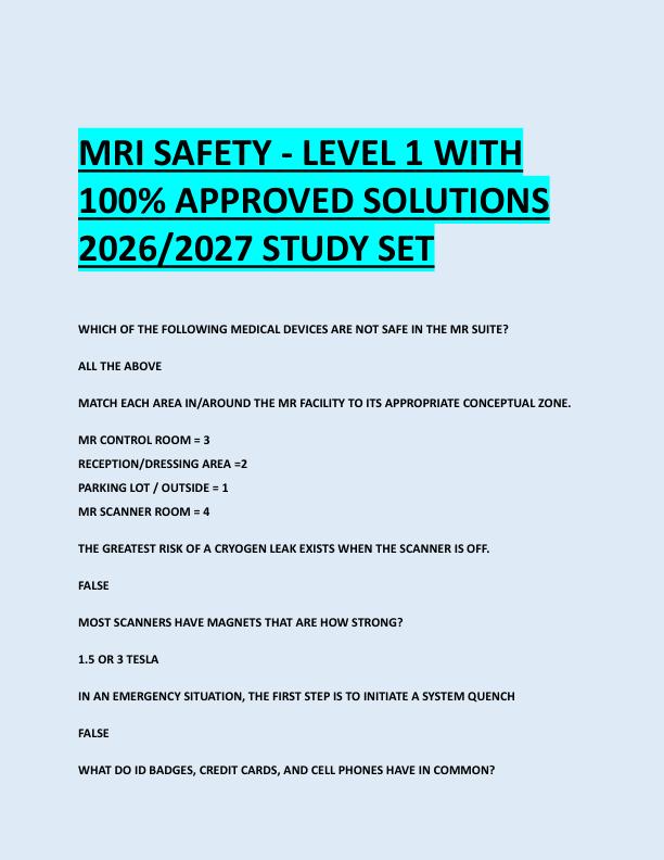 MRI SAFETY - LEVEL 1 WITH  100% APPROVED SOLUTIONS  2026/2027 STUDY SET 