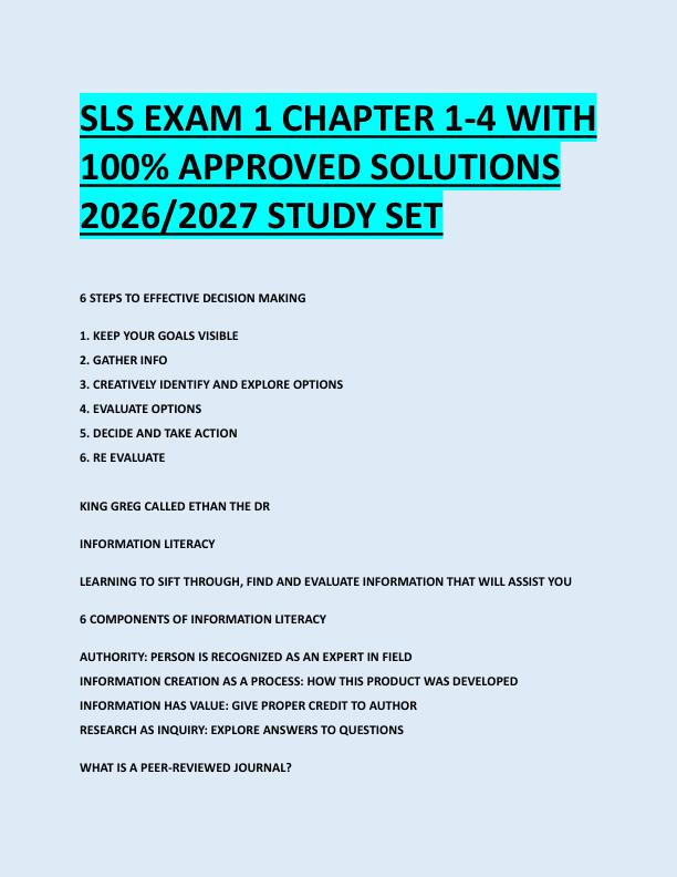 SLS EXAM 1 CHAPTER 1-4 WITH  100% APPROVED SOLUTIONS  2026/2027 STUDY SET