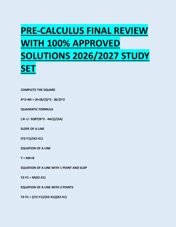 PRE-CALCULUS FINAL REVIEW  WITH 100% APPROVED  SOLUTIONS 2026/2027 STUDY  SET