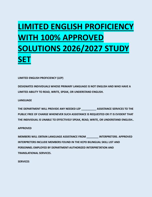 LIMITED ENGLISH PROFICIENCY  WITH 100% APPROVED  SOLUTIONS 2026/2027 STUDY  SET 