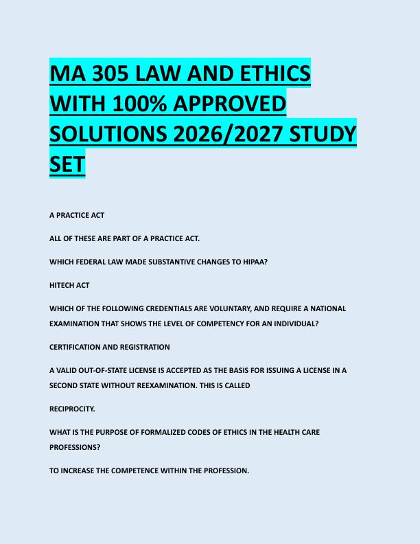 MA 305 LAW AND ETHICS  WITH 100% APPROVED  SOLUTIONS 2026/2027 STUDY  SET