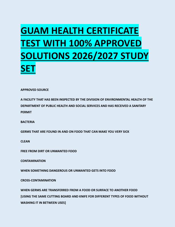 GUAM HEALTH CERTIFICATE  TEST WITH 100% APPROVED  SOLUTIONS 2026/2027 STUDY  SET 