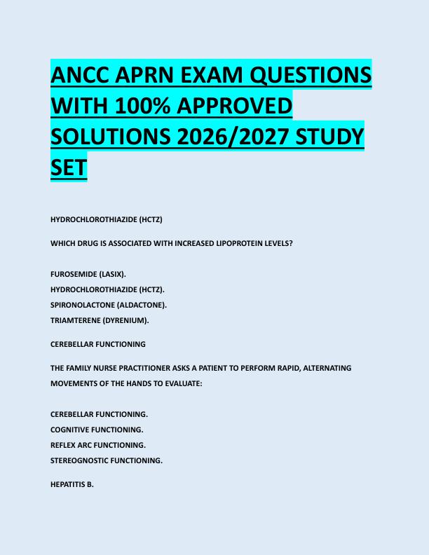 ANCC APRN EXAM QUESTIONS  WITH 100% APPROVED  SOLUTIONS 2026/2027 STUDY  SET 