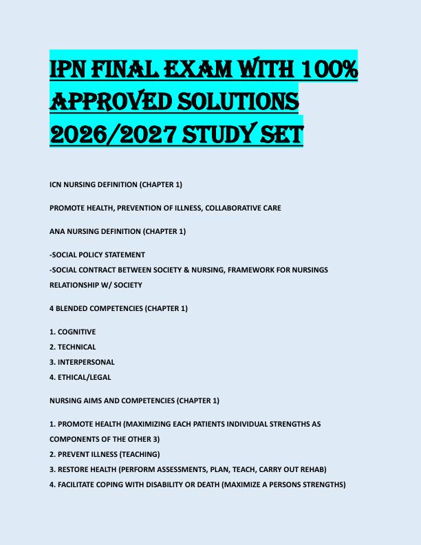 IPN FINAL EXAM WITH 100%  APPROVED SOLUTIONS  2026/2027 STUDY SET