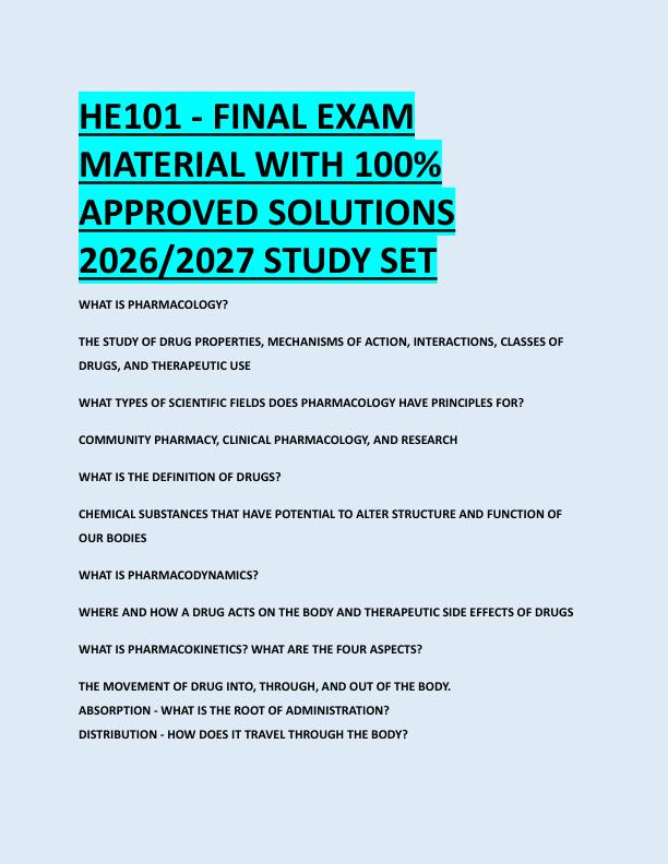 HE101 - FINAL EXAM  MATERIAL WITH 100%  APPROVED SOLUTIONS  2026/2027 STUDY SET