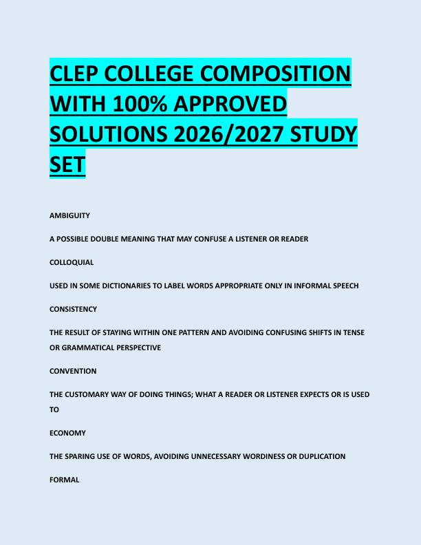 CLEP COLLEGE COMPOSITION  WITH 100% APPROVED  SOLUTIONS 2026/2027 STUDY  SET