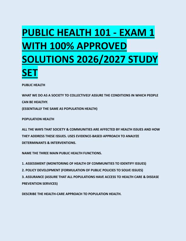 PUBLIC HEALTH 101 - EXAM 1  WITH 100% APPROVED  SOLUTIONS 2026/2027 STUDY  SET 