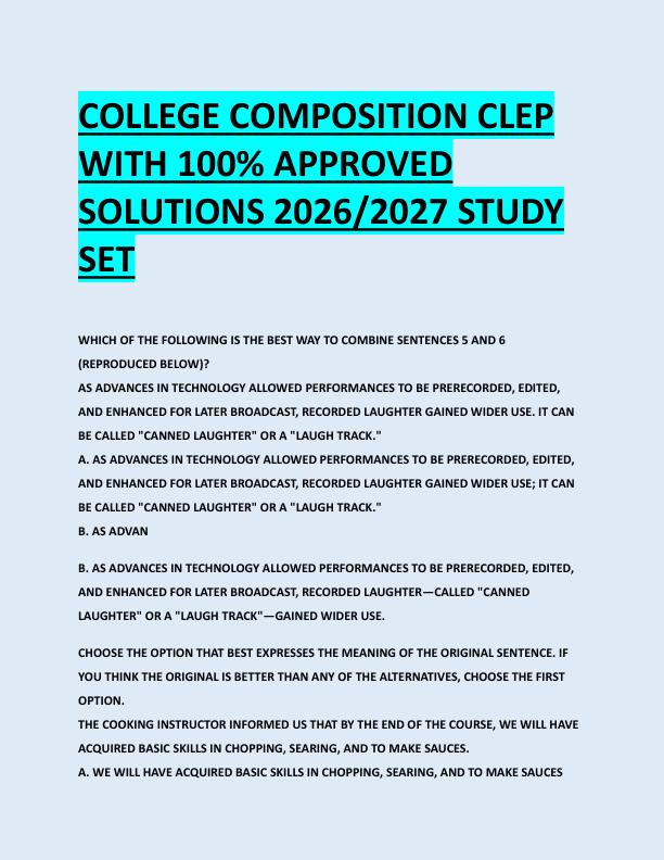 COLLEGE COMPOSITION CLEP  WITH 100% APPROVED  SOLUTIONS 2026/2027 STUDY  SET 