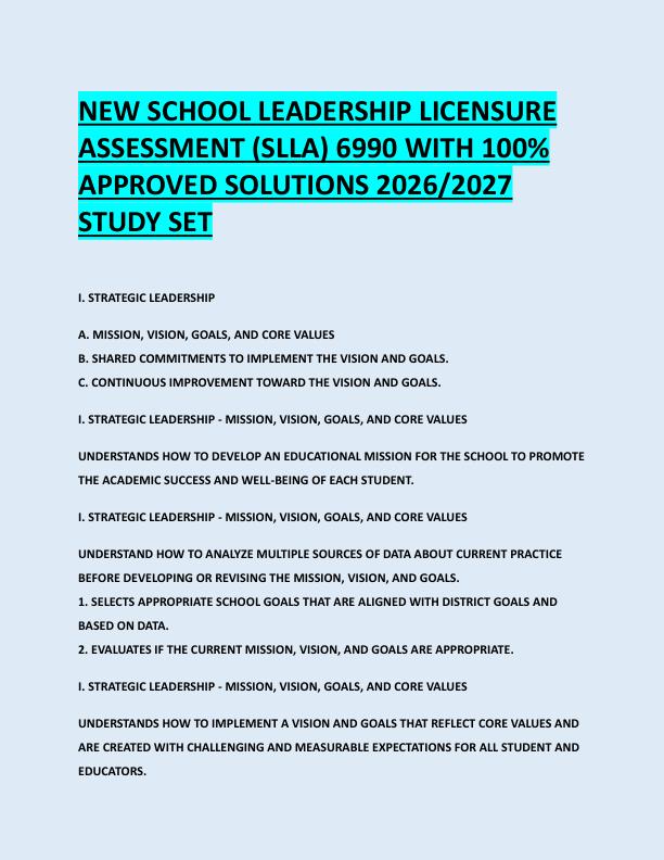 NEW SCHOOL LEADERSHIP LICENSURE  ASSESSMENT (SLLA) 6990 WITH 100%  APPROVED SOLUTIONS 2026/2027  STUDY SET 