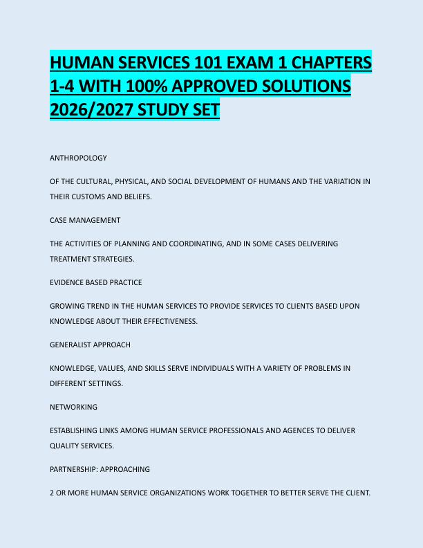 HUMAN SERVICES 101 EXAM 1 CHAPTERS  1-4 WITH 100% APPROVED SOLUTIONS  2026/2027 STUDY SET 