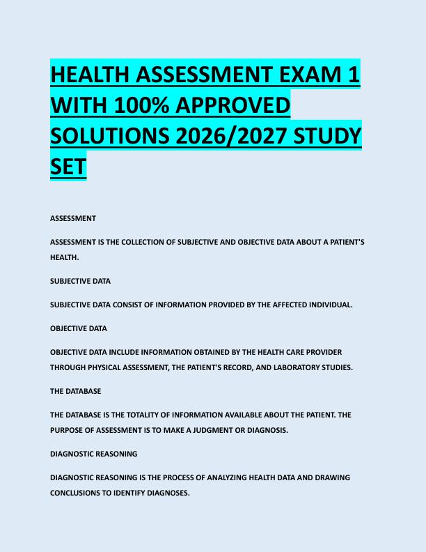 HEALTH ASSESSMENT EXAM 1  WITH 100% APPROVED  SOLUTIONS 2026/2027 STUDY  SET 