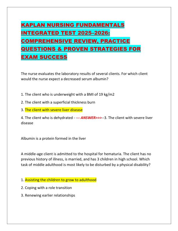 KAPLAN NURSING FUNDAMENTALS INTEGRATED TEST 2025