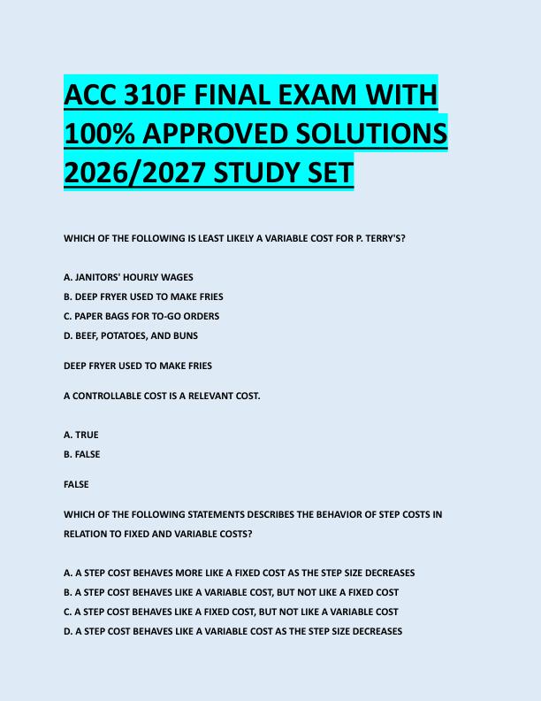 ACC 310F FINAL EXAM WITH  100% APPROVED SOLUTIONS  2026/2027 STUDY SET