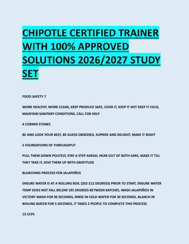CHIPOTLE CERTIFIED TRAINER  WITH 100% APPROVED  SOLUTIONS 2026/2027 STUDY  SET 