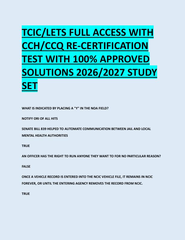 TCIC/LETS FULL ACCESS WITH  CCH/CCQ RE-CERTIFICATION  TEST WITH 100% APPROVED  SOLUTIONS 2026/2027 STUDY  SET 