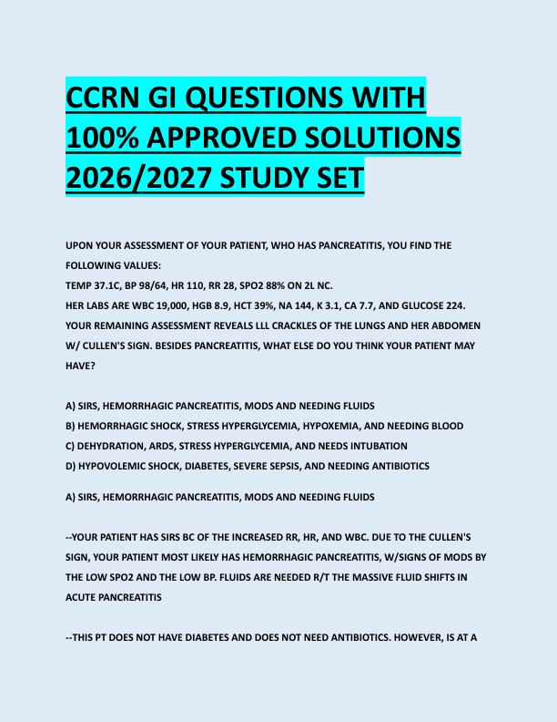 CCRN GI QUESTIONS WITH  100% APPROVED SOLUTIONS  2026/2027 STUDY SET 