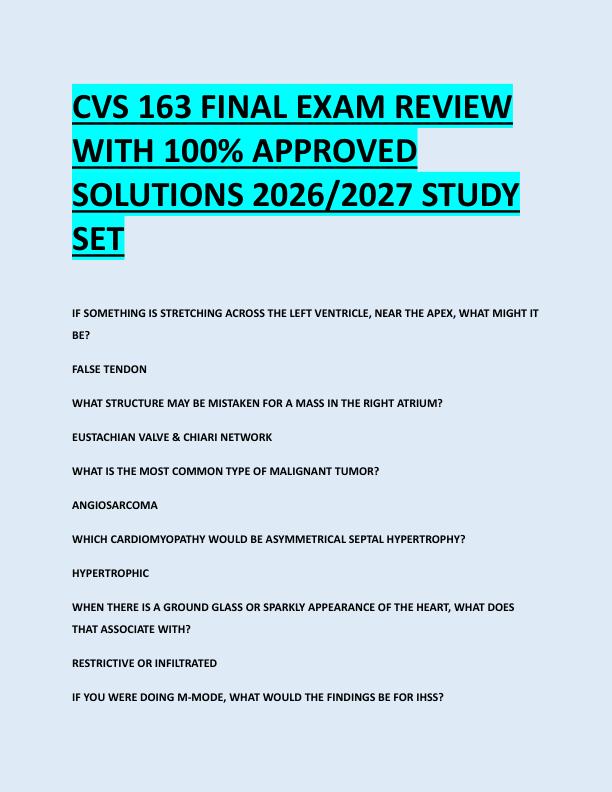 CVS 163 FINAL EXAM REVIEW  WITH 100% APPROVED  SOLUTIONS 2026/2027 STUDY  SET 