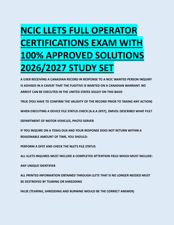 NCIC LLETS FULL OPERATOR  CERTIFICATIONS EXAM WITH  100% APPROVED SOLUTIONS  2026/2027 STUDY SET 