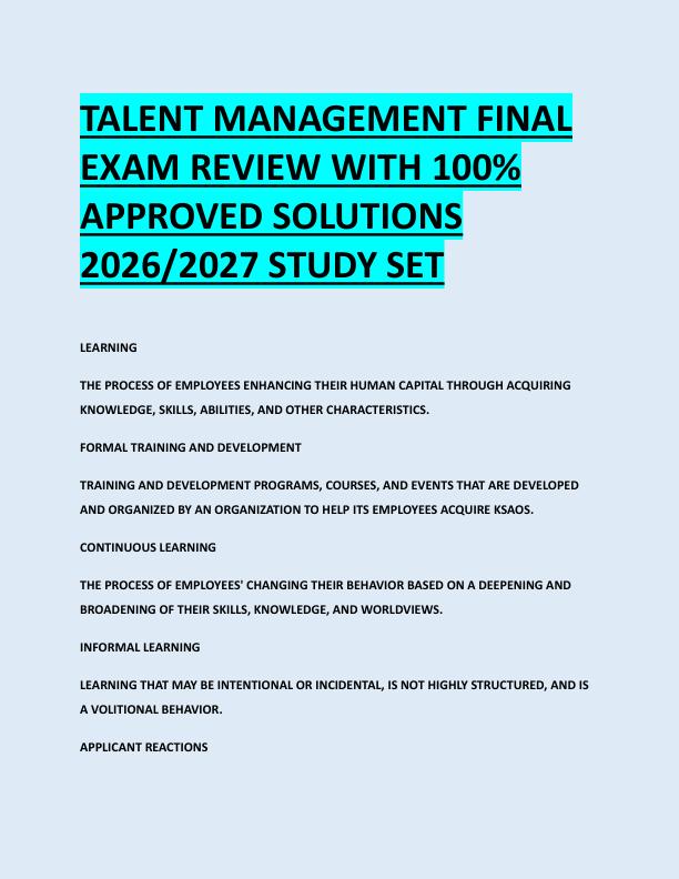 TALENT MANAGEMENT FINAL  EXAM REVIEW WITH 100%  APPROVED SOLUTIONS  2026/2027 STUDY SET 