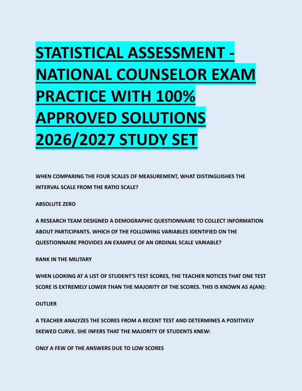STATISTICAL ASSESSMENT  NATIONAL COUNSELOR EXAM  PRACTICE WITH 100%  APPROVED SOLUTIONS  2026/2027 STUDY SET