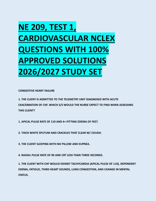 NE 209, TEST 1,  CARDIOVASCULAR NCLEX  QUESTIONS WITH 100%  APPROVED SOLUTIONS  2026/2027 STUDY SET 