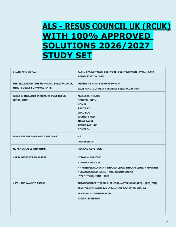 ALS - RESUS COUNCIL UK (RCUK)   WITH 100% APPROVED  SOLUTIONS 2026/2027  STUDY SET 