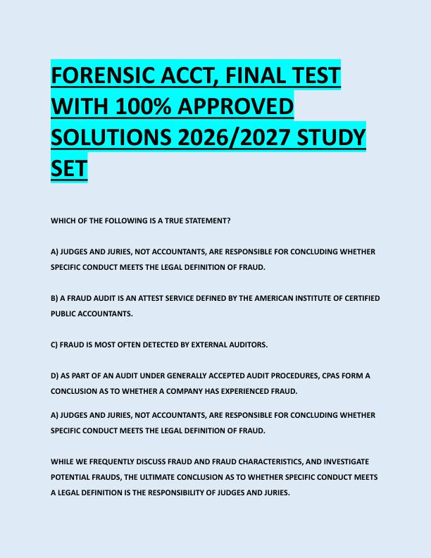 FORENSIC ACCT, FINAL TEST  WITH 100% APPROVED  SOLUTIONS 2026/2027 STUDY  SET 