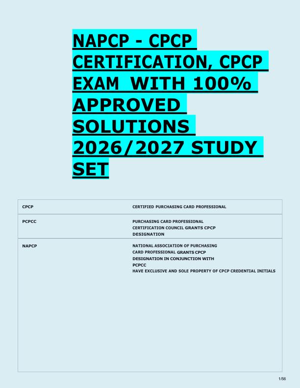 NAPCP - CPCP  CERTIFICATION, CPCP  EXAM  WITH 100%  APPROVED  SOLUTIONS  2026/2027 STUDY  SET