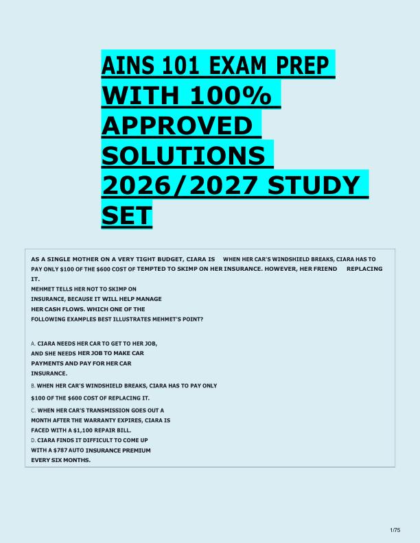 AINS 101 EXAM PREP  WITH 100%  APPROVED  SOLUTIONS  2026/2027 STUDY  SET 