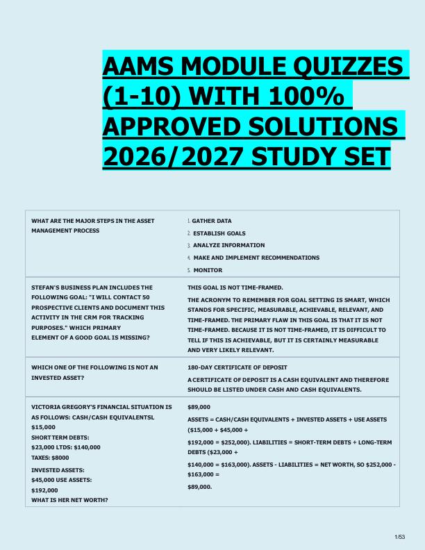   AAMS MODULE QUIZZES  (1-10) WITH 100%  APPROVED SOLUTIONS  2026/2027 STUDY SET 