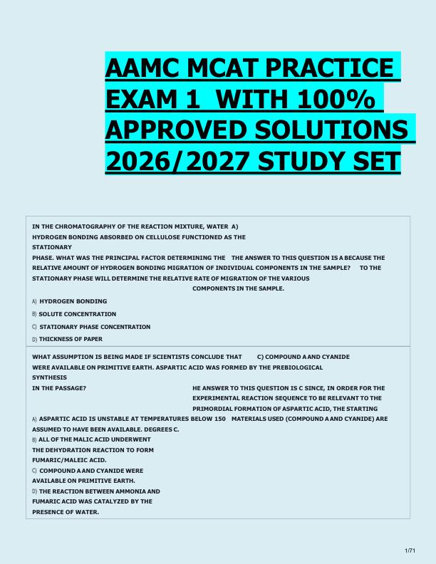 AAMC MCAT PRACTICE  EXAM 1  WITH 100%  APPROVED SOLUTIONS  2026/2027 STUDY SET 